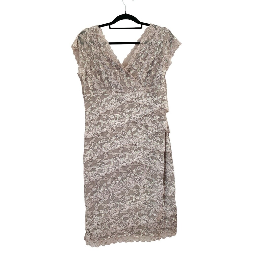 Marina Surplice Lace Beaded Sequin Tiered Dress Knee Length Taupe - Size 14